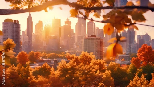 A cityscape at sunset with autumn foliage