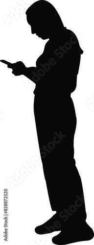 a woman standing and using smart phone, silhouette vector