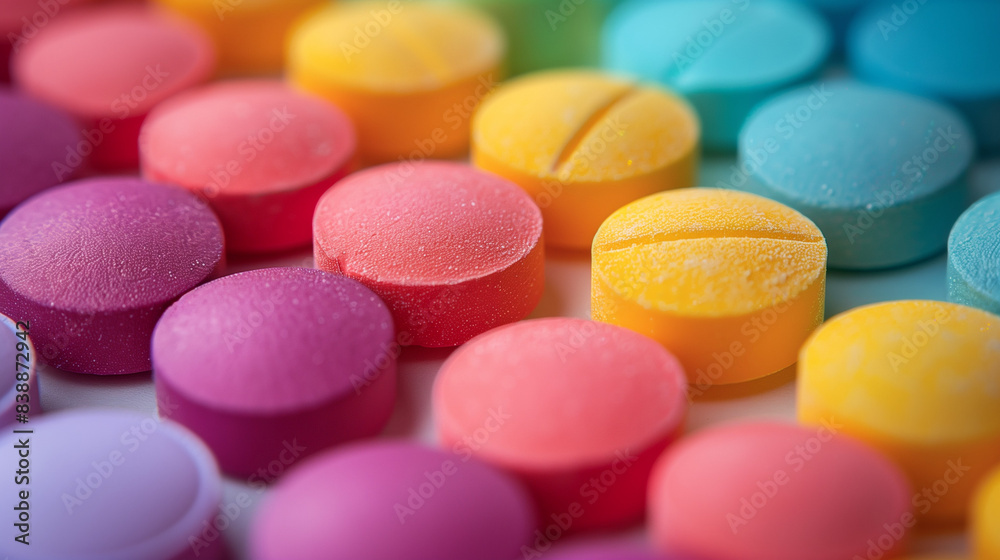Pills, different colors, with selective focus Pills, different colors, with selective focus