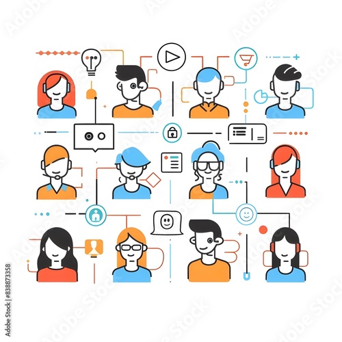 a group of people customer service and communication, headphones, white background, outline vector illustrations with people