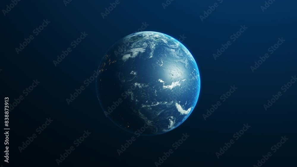 Planet Earth rotates in outer space on a dark blue background. Night planet and bright city lights. 3D animation with detailed satellite map, some NASA setting elements. Seamless loop. Planet Earth rotates in outer space on a dark blue background. Night planet and bright city lights. 3D animation with detailed satellite map, some NASA setting elements. Seamless loop.