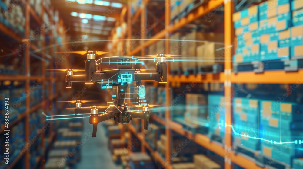 Fototapeta premium A high-tech drone navigates through a smart warehouse, utilizing advanced technology for efficient inventory management and logistics. Futuristic Drone Navigating Smart Warehouse