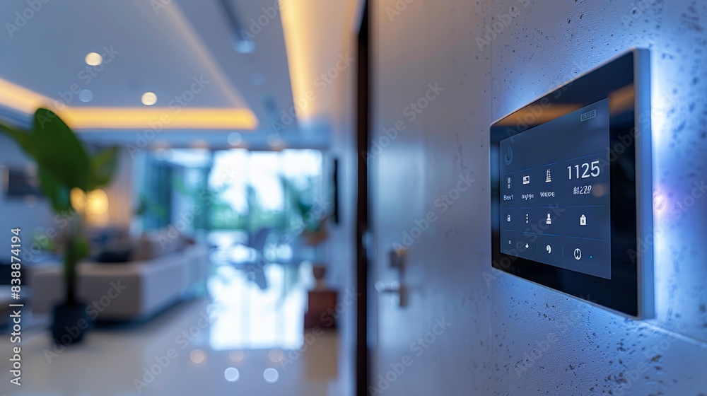 Close up High-tech entryway with biometric security, smart door lock, and an interactive wall panel displaying home status updates, set in a sleek, minimalist design. Generative AI. Close up High-tech entryway with biometric security, smart door lock, and an interactive wall panel displaying home status updates, set in a sleek, minimalist design. Generative AI.