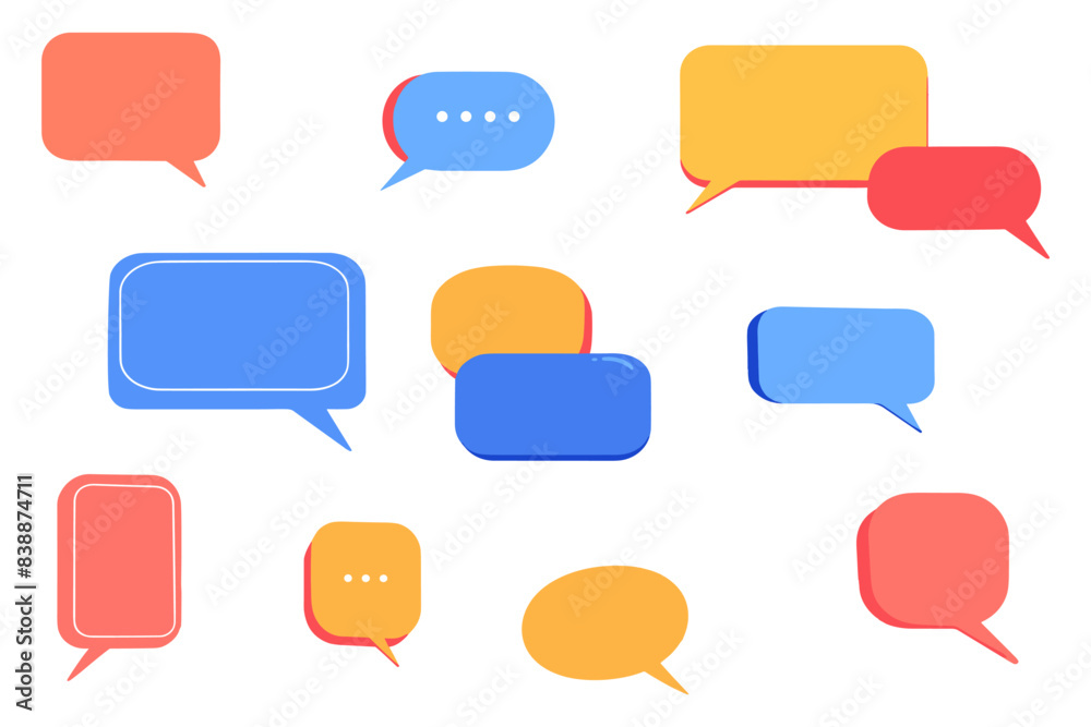 Collection of variously shaped speech bubbles in red, blue, and yellow colors, conversation concept. Flat vector illustration. Collection of variously shaped speech bubbles in red, blue, and yellow colors, conversation concept. Flat vector illustration.