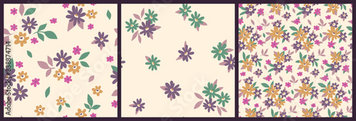 Seamless floral pattern, liberty ditsy print, abstract mini flowers ornament. Cute botanical design collection: small hand drawn daisy flowers, tiny leaves, pretty simple bouquets. Vector illustration