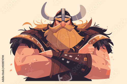 Muscular viking warrior with beard in helmet flat vector illustration