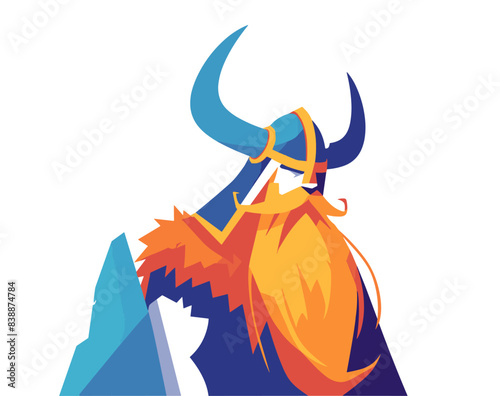 Masculine viking in horned helmet, simple vector illustration with abstract colors, white isolated background