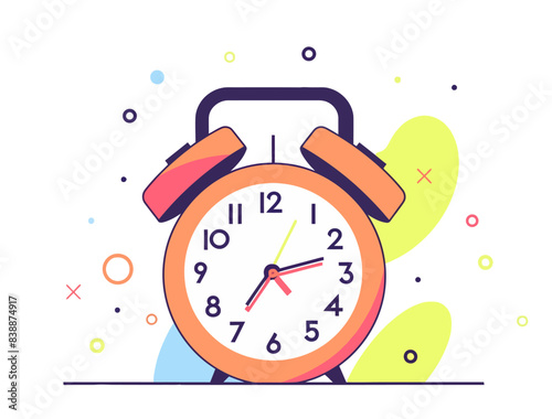 An old-fashioned alarm clock with a colorful background, in a cheerful and vibrant style. Flat vector illustration.