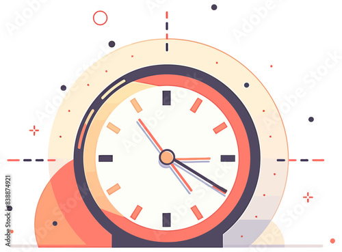 A modern clock with a circular design and abstract background, in a clean and stylish style. Flat vector illustration.
