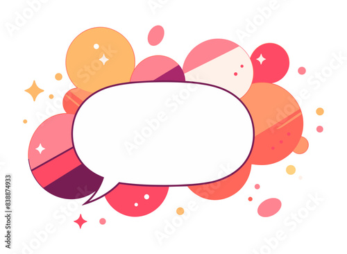 A speech bubble surrounded by colorful circles and stars, designed in a vibrant and cheerful style. Flat vector illustration.