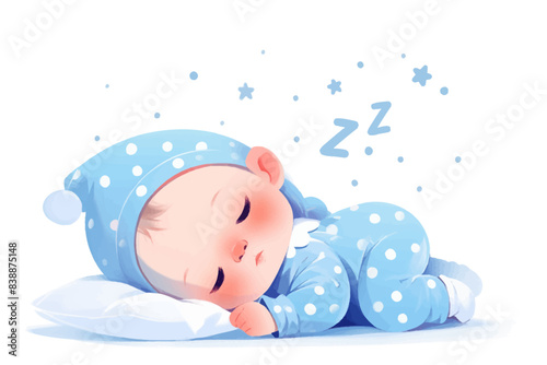 A cute baby sleeping peacefully in blue pajamas with polka dots, surrounded by stars. Flat vector illustration isolated.