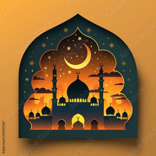Muslim Islamic greeting card or logo with mosque and crescent moon