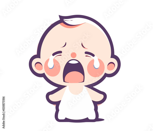 A crying baby with tears streaming down its face, standing with a sad expression. Flat vector illustration.