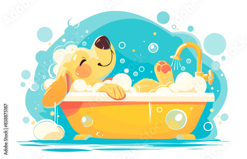 A happy dog relaxing in a bubble bath, surrounded by soap bubbles and looking content. Flat vector illustration.