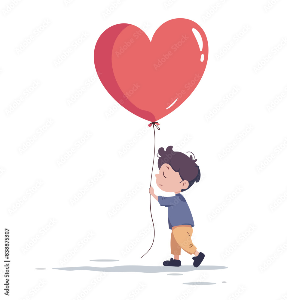 A little boy holding a large red heart-shaped balloon, walking with a happy expression. Flat vector illustration. A little boy holding a large red heart-shaped balloon, walking with a happy expression. Flat vector illustration.