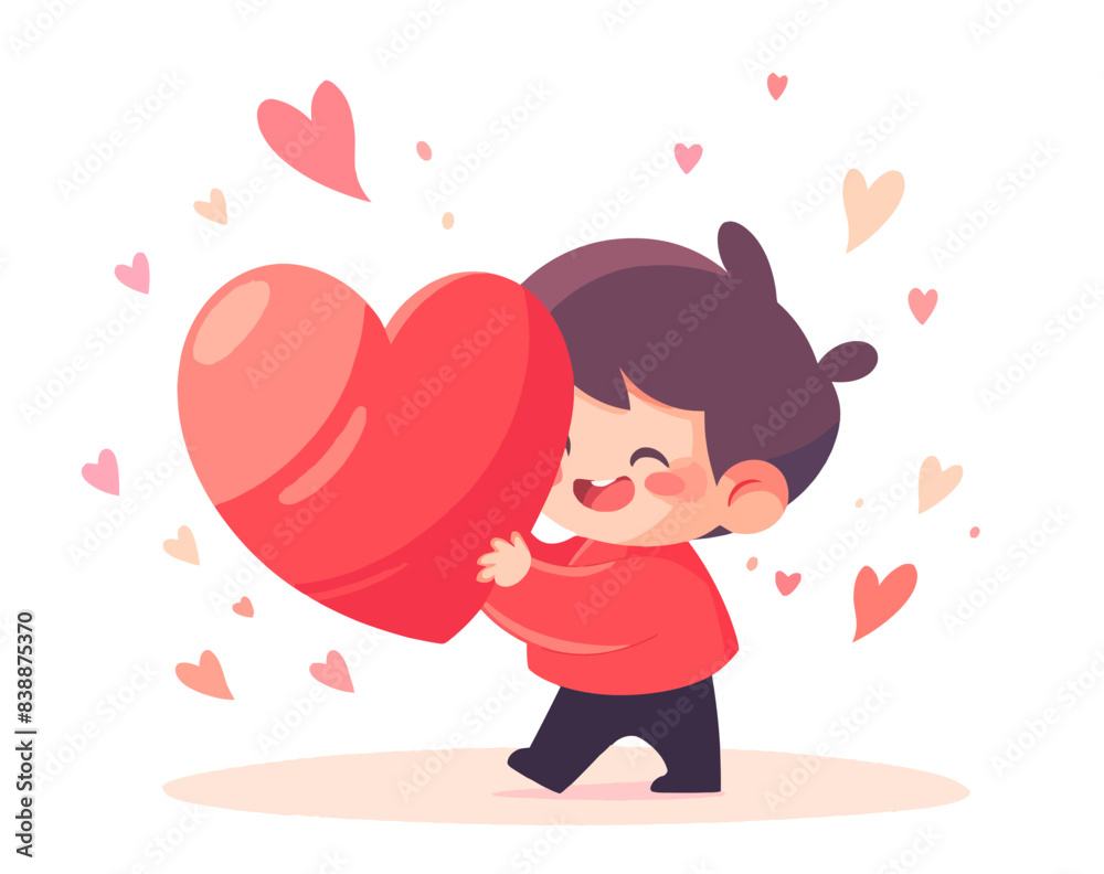 A young boy holding a large red heart with a background of floating hearts. Flat vector illustration. A young boy holding a large red heart with a background of floating hearts. Flat vector illustration.