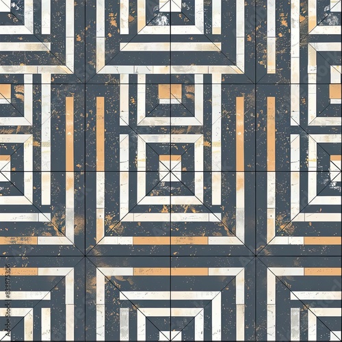 Abstract geometric pattern with blue and white shapes on a beige background.