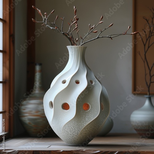 Serene Elegance: White Clay Vase Sculpture in Panoramic Landscape Inspired by Friedrich and Yanjun photo