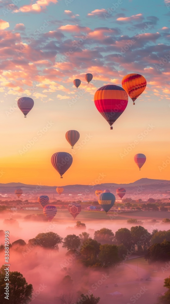 Fototapeta premium Hot air balloons floating in the sky at sunrise