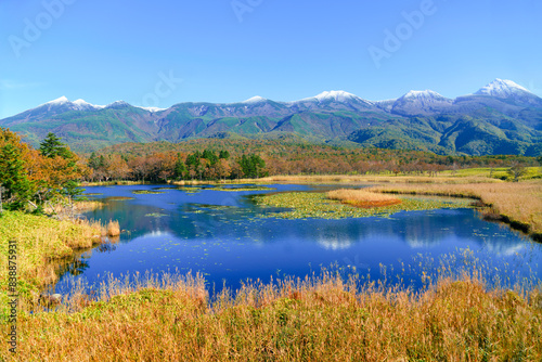Shiretoko Goko Lakes (Shiretoko Five Lakes) and Shiretoko Mountains with autumn leaves, Shiretoko, Hokkaido, Japan.