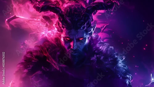 Scandinavian vampire with twisted horns and glowing eyes terrifies frozen wastelands. Concept Frostbite Fear, Scandi Horror, Chilling Fantasy, Glowing Eyes, Horned Terror photo