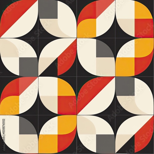 Geometric abstract pattern with red, yellow, white, black and gray colors.