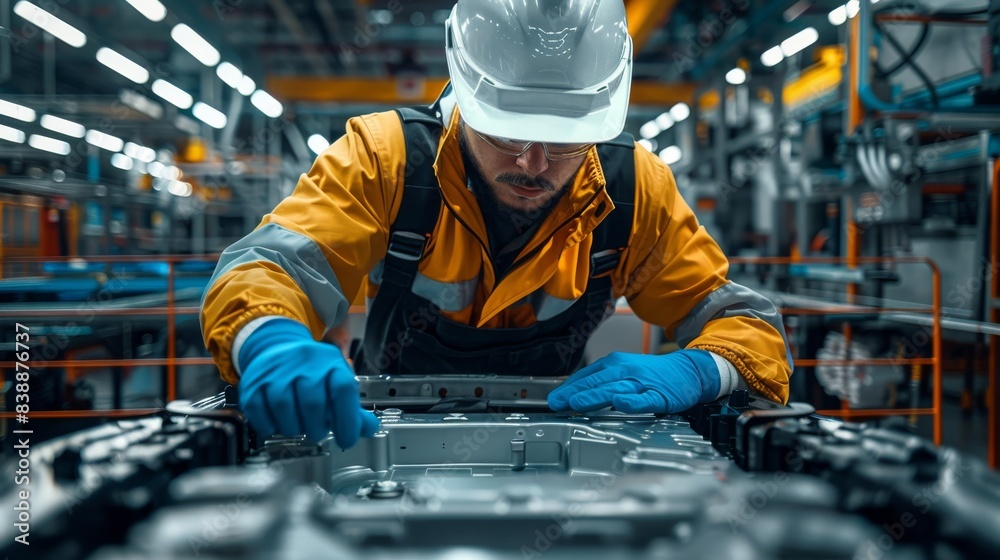 The worker is wearing protective glasses, while working on the battery of an electric car in a modern factory. The vehicle frame has been removed to show its black plastic battery. Generative AI. The worker is wearing protective glasses, while working on the battery of an electric car in a modern factory. The vehicle frame has been removed to show its black plastic battery. Generative AI.