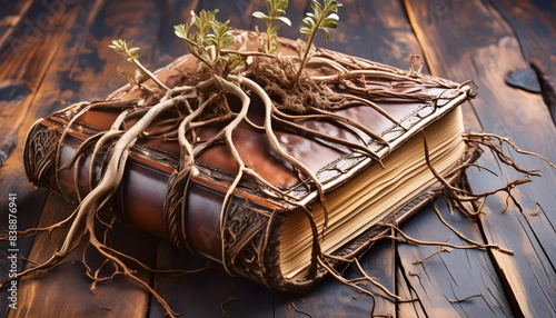 leather-bound book with roots growing out of it, symbolizing the deep roots of wisdom and history