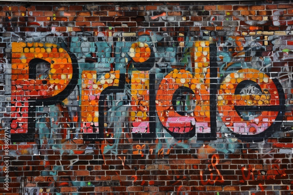 Fototapeta premium Graffiti PRIDE Text on Brick Wall, Urban and Colorful, Bold Street Art