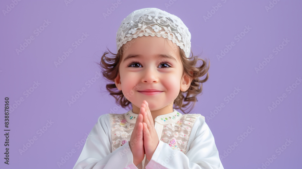 Portrait of Muslim businesswoman with a confident personality, smiling and raising her hand to express an opinion, against a soft purple background Portrait of Muslim businesswoman with a confident personality, smiling and raising her hand to express an opinion, against a soft purple background