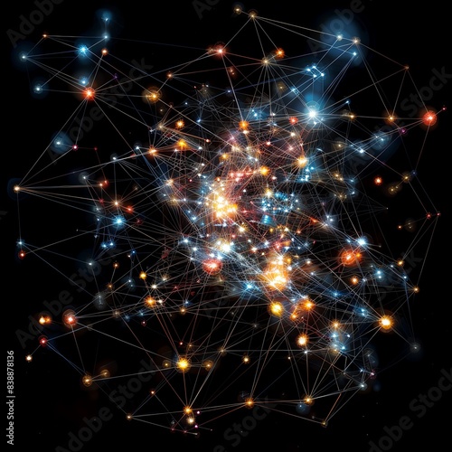 Network of glowing particles forming a complex and interconnected structure on dark background, resembling a web of stars in space. © Tee