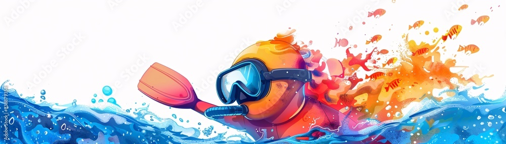 A vibrant illustration of a character icon with a snorkel and flippers, ready for a dive, against a white background. A vibrant illustration of a character icon with a snorkel and flippers, ready for a dive, against a white background.