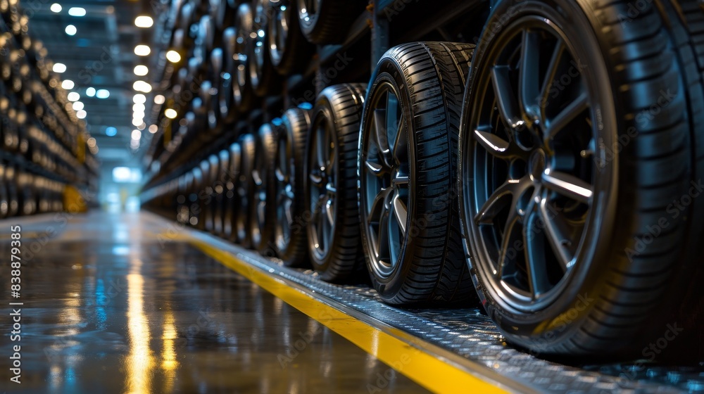 Fototapeta premium Rows of fresh car tires in a modern warehouse, isolated background, studio lighting