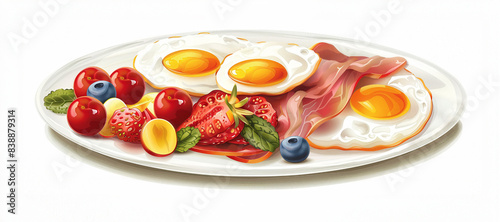 A delicious breakfast plate featuring fried eggs, bacon, and a variety of fresh fruits including berries and strawberries on a white background.