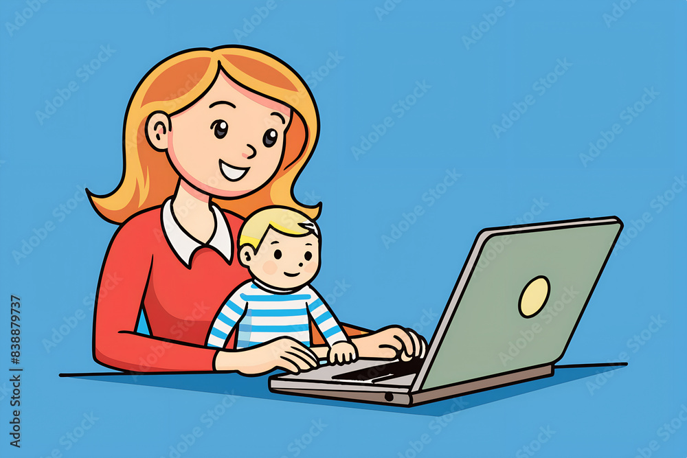 A woman holding a baby and typing on a laptop keyboard. Illustration. A woman holding a baby and typing on a laptop keyboard. Illustration.