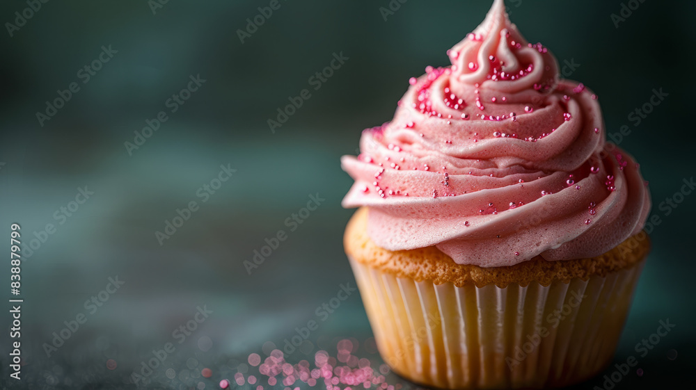 A cupcake with pink frosting and sprinkles on a dark background. A cupcake with pink frosting and sprinkles on a dark background.