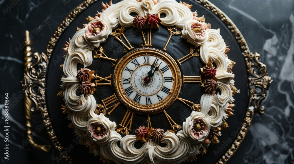 Overhead perspective, clock-themed cake, intricate icing details, isolated backdrop, studio lighting setup Overhead perspective, clock-themed cake, intricate icing details, isolated backdrop, studio lighting setup