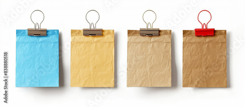 Four colorful binder clips holding different colored paper sheets on a white background, representing office supplies and organization.