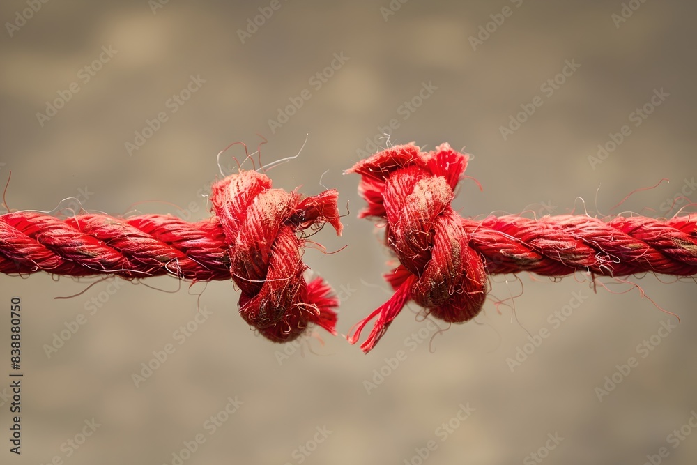 Close up photo of a red rope with two knots. Conceptual image representing strength, connection, and tension. Ideal for advertising and motivational uses. High-quality detailed image. Generative AI Close up photo of a red rope with two knots. Conceptual image representing strength, connection, and tension. Ideal for advertising and motivational uses. High-quality detailed image. Generative AI