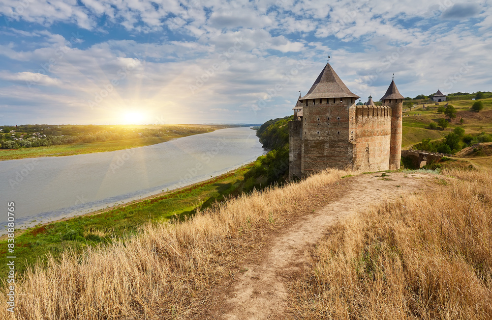 Fototapeta premium Khotyn fortess, castle in Ukraine. One of seven wonders of Ukraine. Exterior view of Khotyn Fortress, fortification complex on Dniester