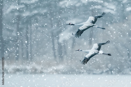 Two majestic cranes fly over a snowy landscape. The image has a serene and natural style, perfect for winter-themed designs. Wildlife photography concept can be inferred. Generative AI