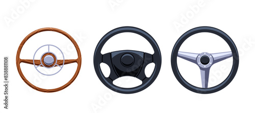 Collection Of Vintage And Modern Steering Wheels. Includes Wooden, Contemporary, And Racing Designs, Vector Illustration