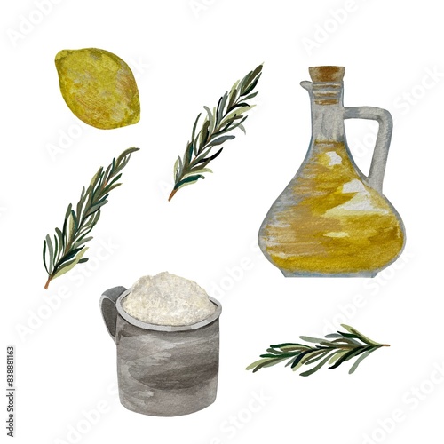 Olive oil lemon rosemary flour illustration watercolor