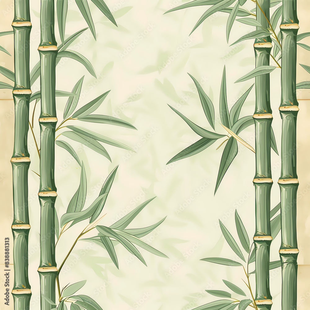 Fototapeta premium Bamboo border, muted greens, flat design, repeating pattern