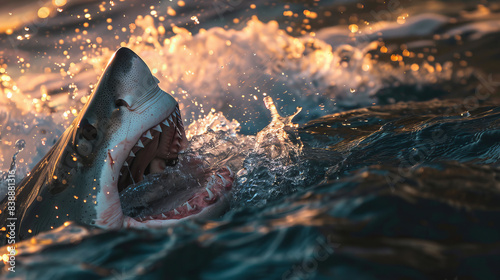 The shark attacks by jumping out of the water. Big shark attack. Huge blade-like teeth. photo