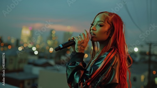Female black rapper with long red hair holding a mic rapping on a rooftop overlooking city. Generative AI.