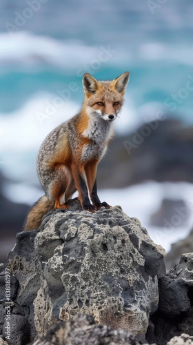 A red fox stands on a volcanic rock overlooking the ocean