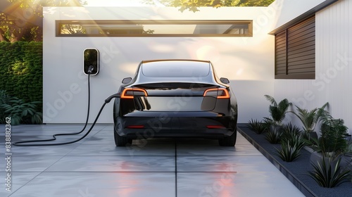 photo of an electric vehicle charging at sunset, with modern home and greenery in the background.