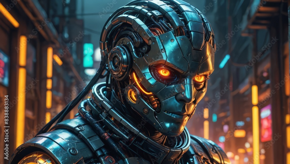 Cyborg with Glowing Eyes in Neon City Cyborg with Glowing Eyes in Neon City