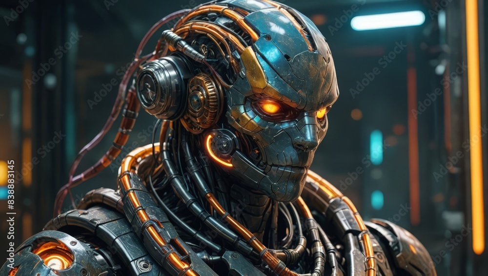 Fototapeta premium Cyberpunk Robot Head Closeup